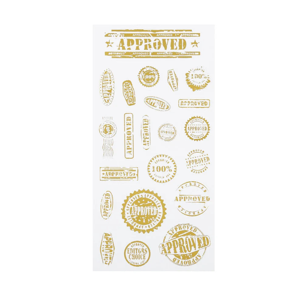 A sheet of clear stickers with various gold-colored 'APPROVED' and 'APPROVED FOR USE' designs