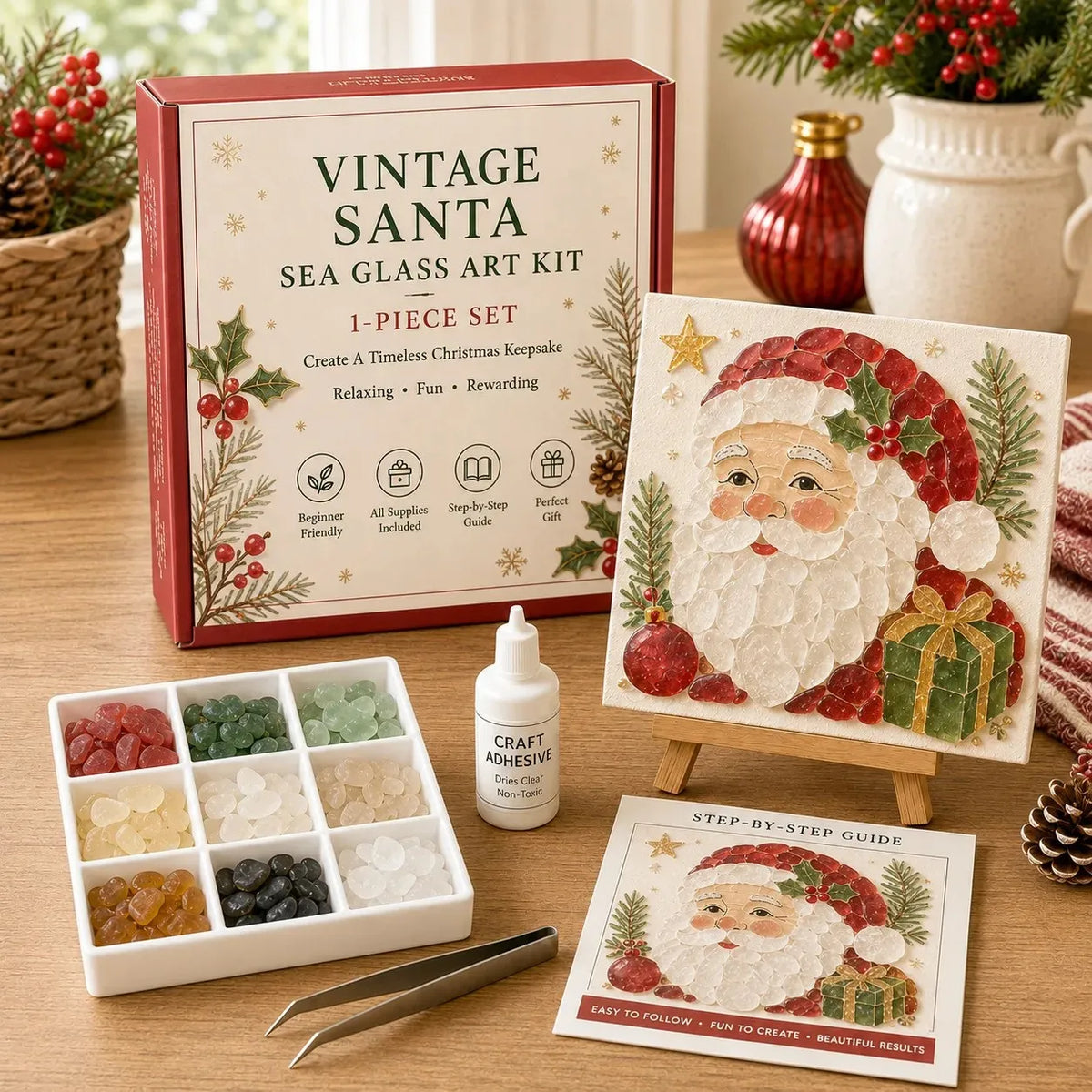 A Christmas-themed sea glass art kit displayed on a wooden table, including a red and cream box labeled 'Vintage Santa Sea Glass Art Kit,' a small white bottle of craft adhesive, a tray of colorful sea glass pieces, tweezers, a finished Santa portrait tile on a small easel, and a step-by-step guide.