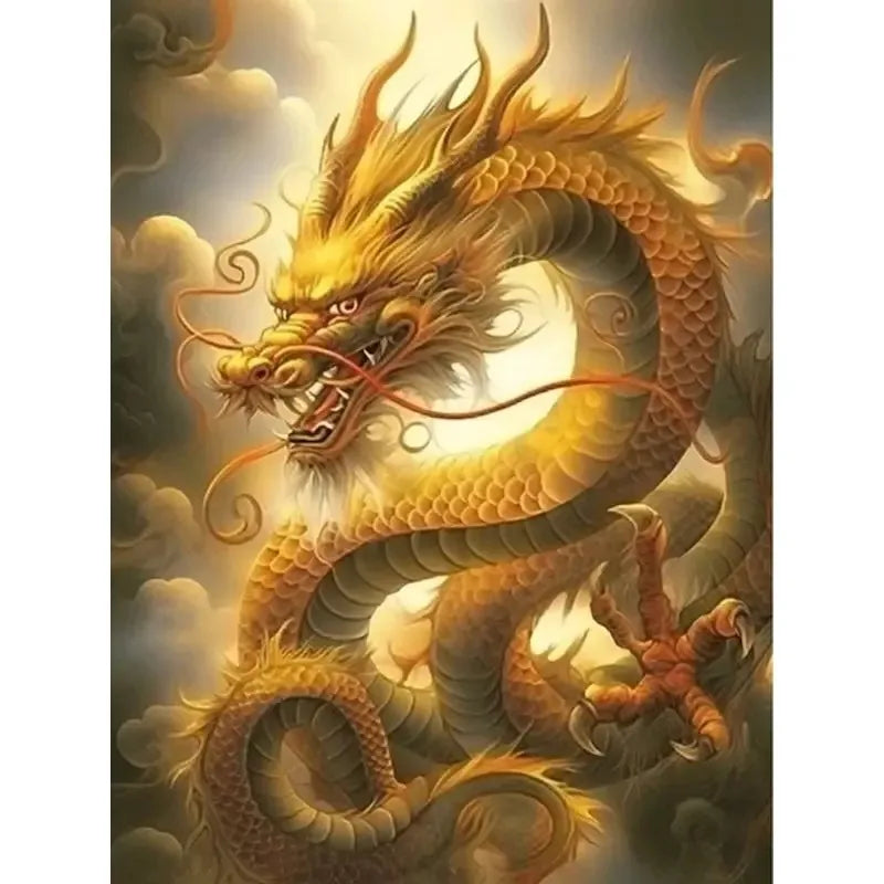 Golden glowing dragon illustration with detailed scales and a fierce expression.