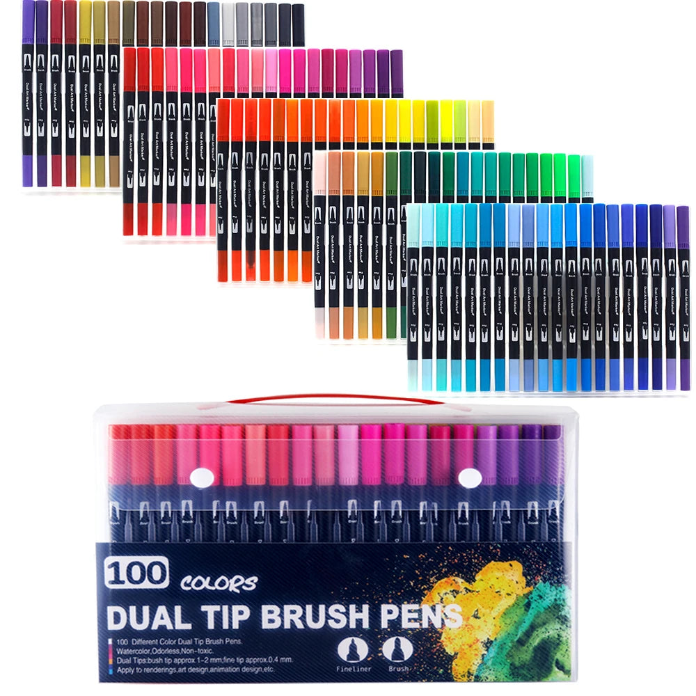 Dual-Tip Watercolor Brush Pens - Available in Sets of 12/24/36/48/60/72/100/120 Colors
