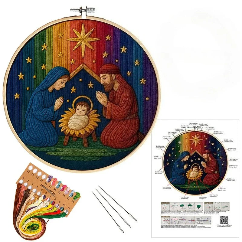 Close up nativity scene with lots of stars and bright colors