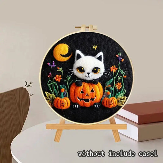 Halloween Cat Needle Felting Painting Kit — Pumpkin & Black Cat, 20cm Round Hoop, Beginner DIY Craft