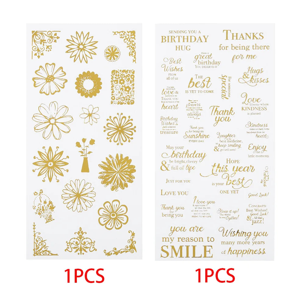 Two sheets of gold foil sticker designs, featuring floral patterns on the left and birthday-themed phrases on the right, with '1PCS' printed in red below each sheet.