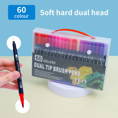 Double-Ended Watercolor Pens  - Brush-pen and Hard-tip Ends - Available in sets of 12/36/48/60 Vibrant Colors