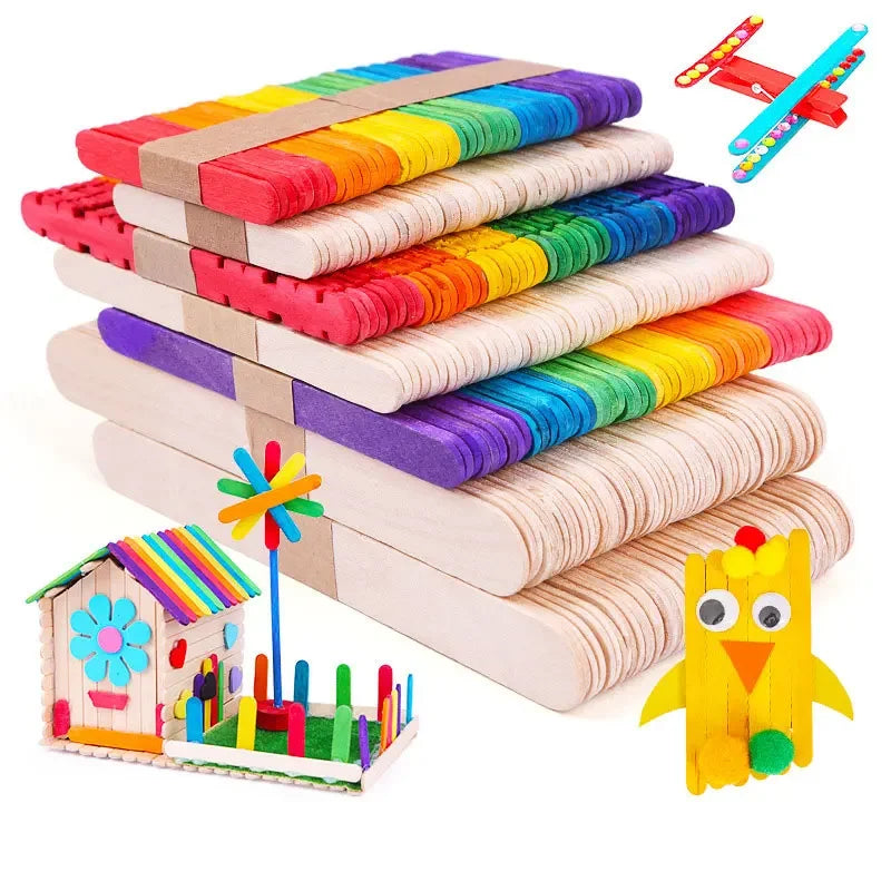 Colorful wooden craft sticks with examples of crafts made from them 