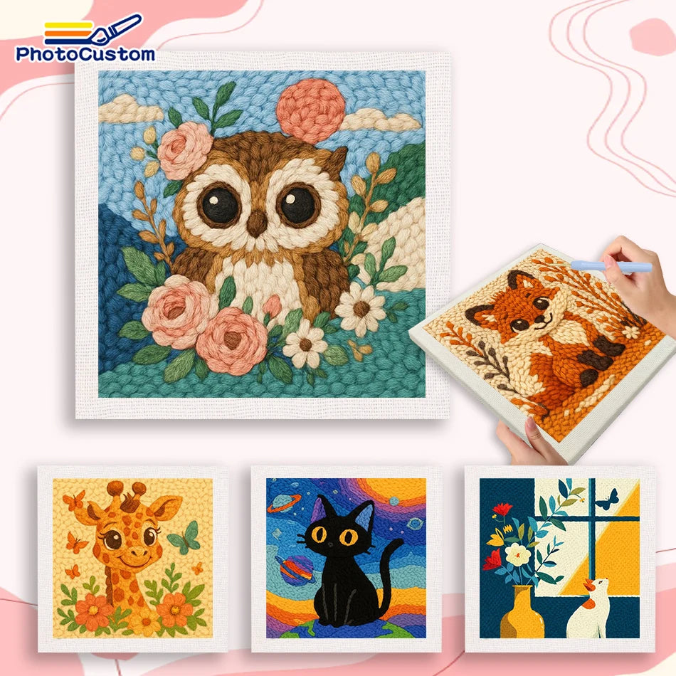 Collection of punch needle embroidered animal artworks on a pink and white background with 'PhotoCustom' branding.