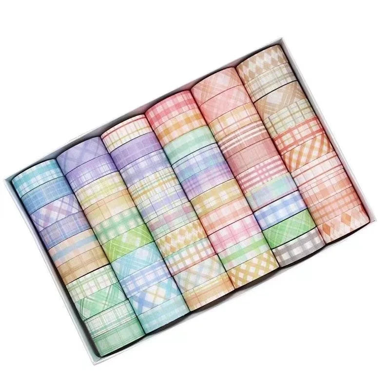 60 piece box of colorful washi tape rolls with plaid patterns