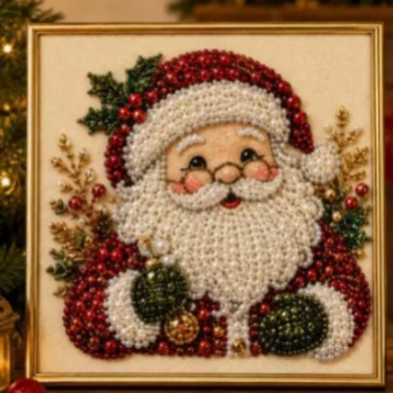 A square framed Christmas diamond art portrait of Santa Claus, featuring red and white beadwork, green holly leaves, gold decorative accents, and a gold frame 