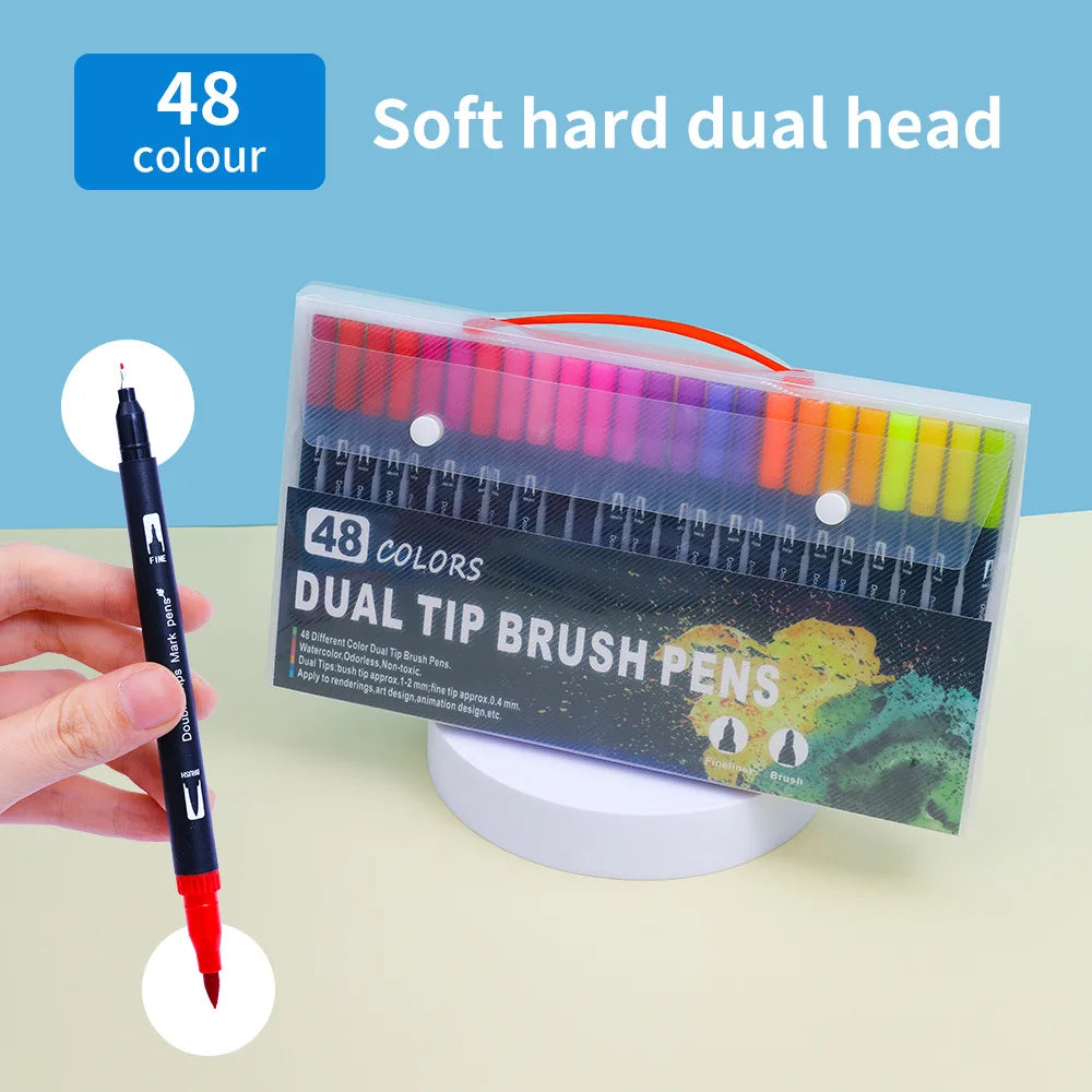 Double-Ended Watercolor Pens  - Brush-pen and Hard-tip Ends - Available in sets of 12/36/48/60 Vibrant Colors