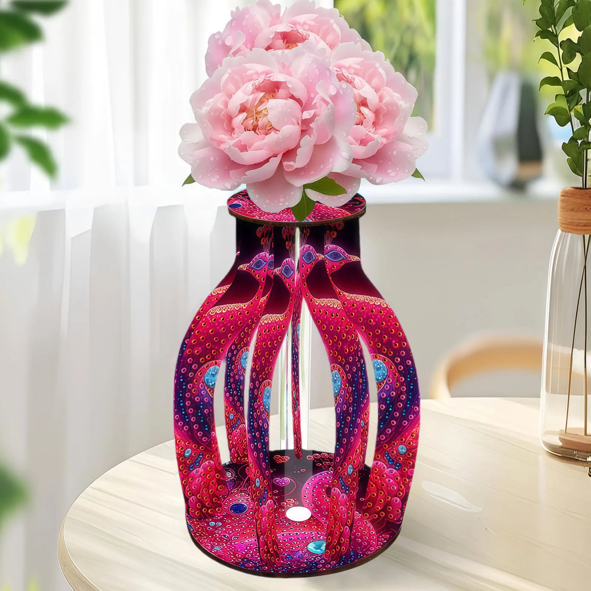 A decorative glass vase with a vibrant pink and purple fractal peacock pattern, filled with large pink peony flowers