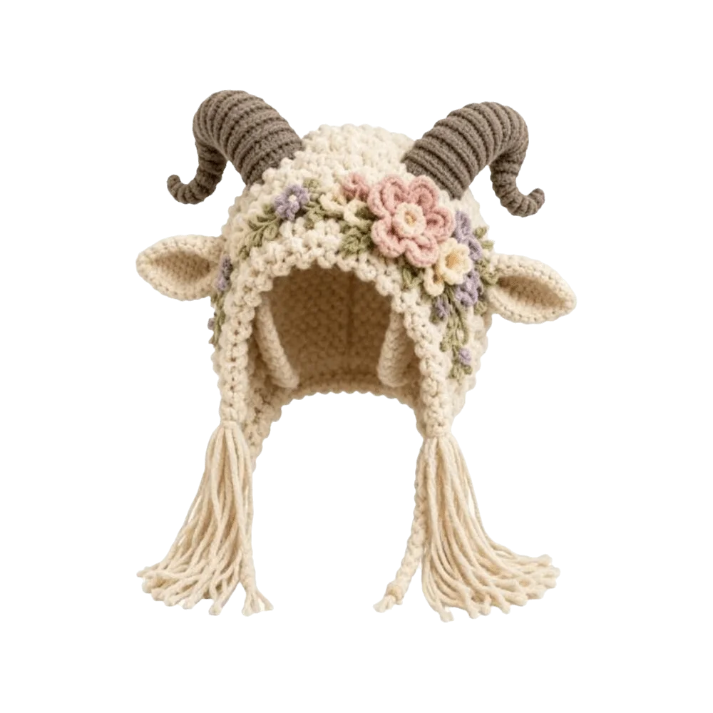 A handmade crocheted goat hat in cream with brown horns, floral accents in pink, purple, and green, and long cream tassels, shown on a plain white background.