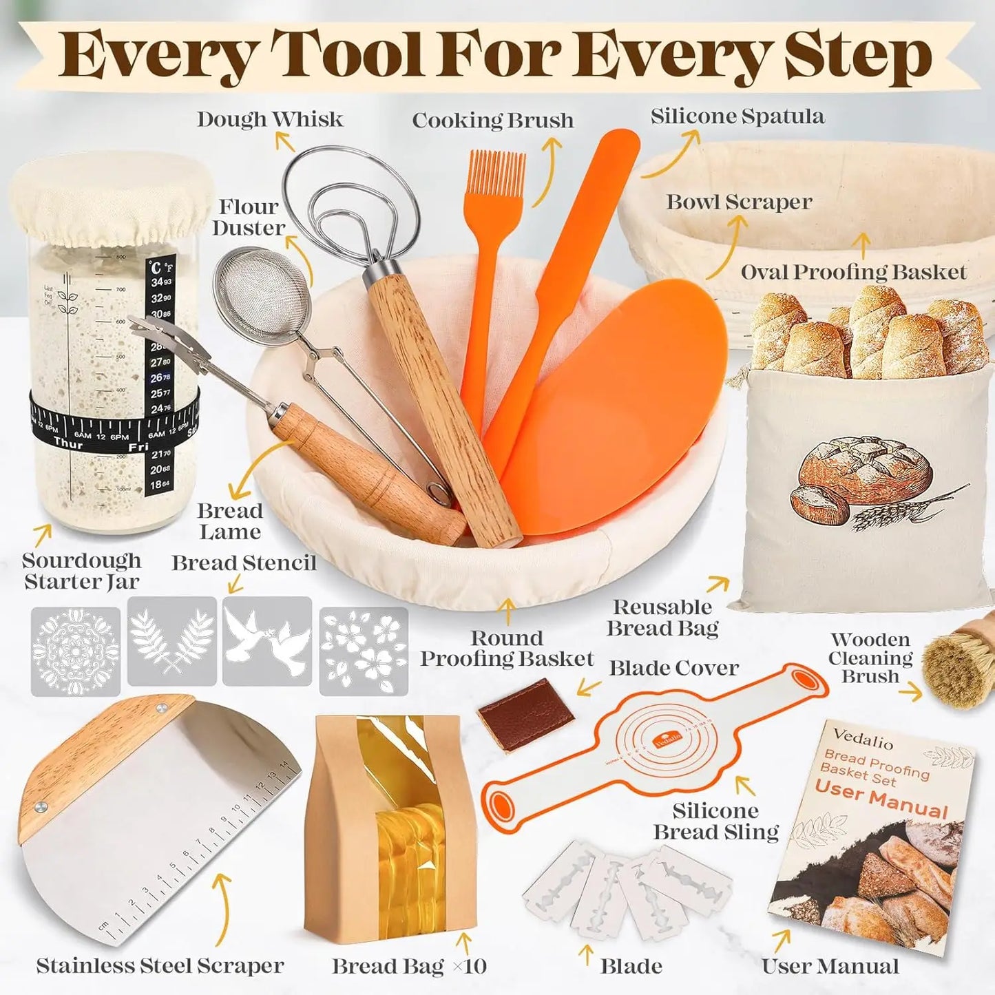 Complete Sourdough Baking Kit with Proofing Baskets, Starter Jar & Tools for Homemade Bread