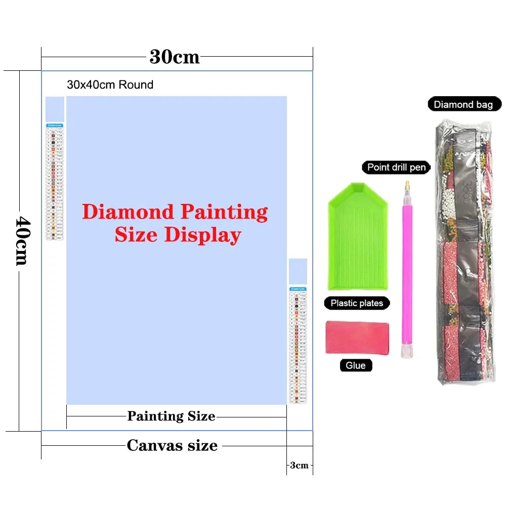 Diamond art painting size display with tools 
