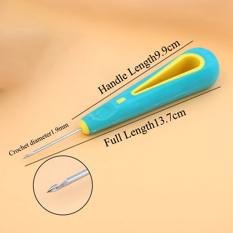 Blue and yellow crochet hook tip for threading wicks with measurements 