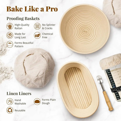 Complete Sourdough Baking Kit with 9" Round & 10" Oval Proofing Baskets, Glass Jar, and Essential Bread Making Tools