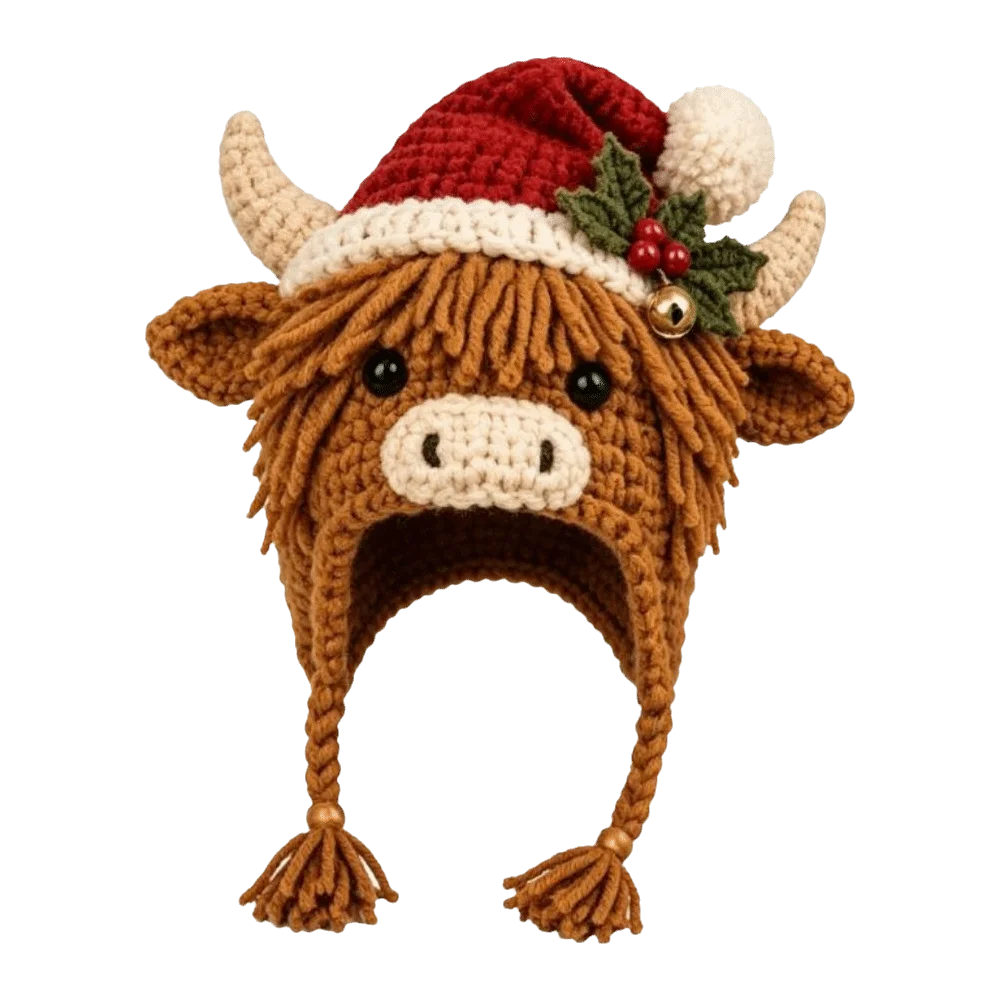 A crocheted highland cow hat with long brown yarn hair, a red Santa hat with cream trim, cream horns, and a holly accent, shown on a plain white background.