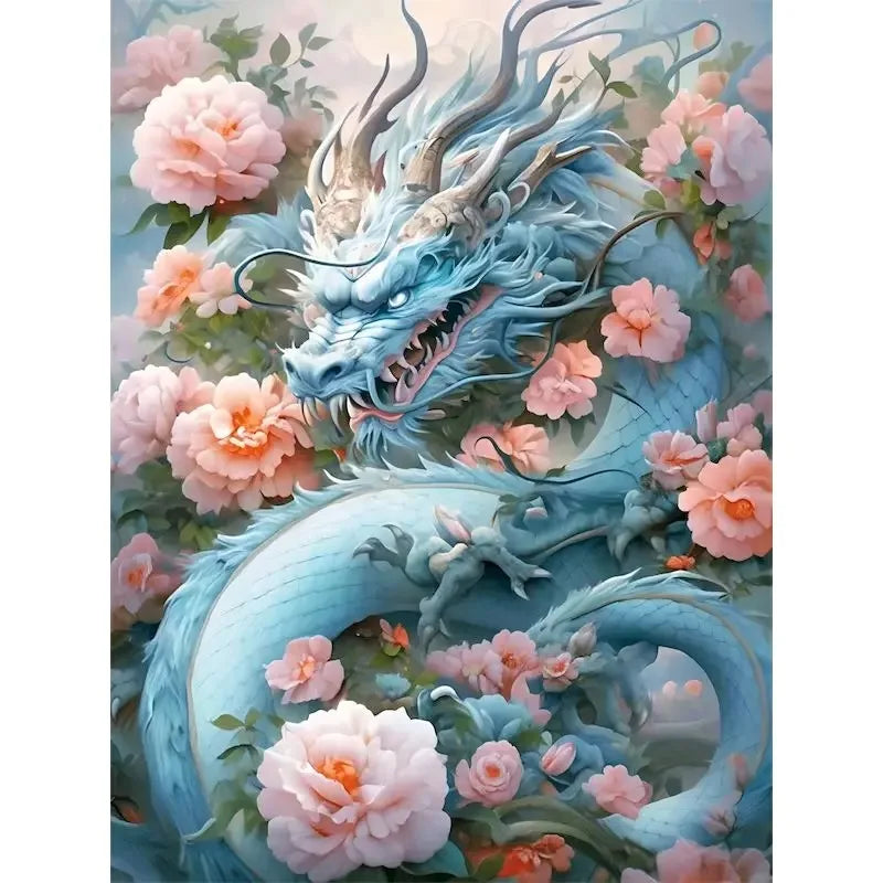 Blue dragon surrounded by pink flowers on a light blue background