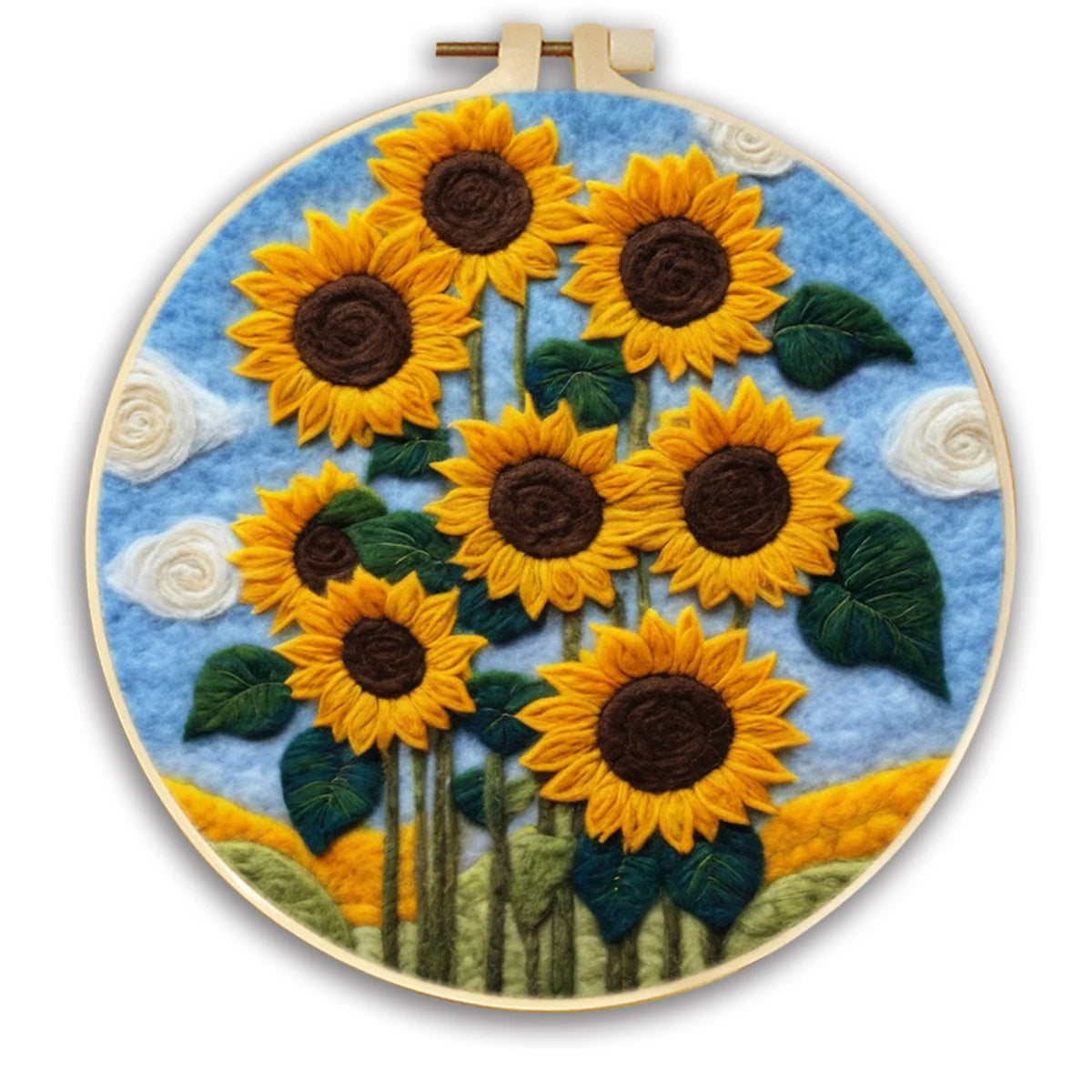 Needle felted field of sunflowers against a blue sky with white clouds in a round hoop frame
