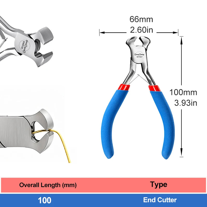 Pair of End cutter pliers with blue handles and measurements 
