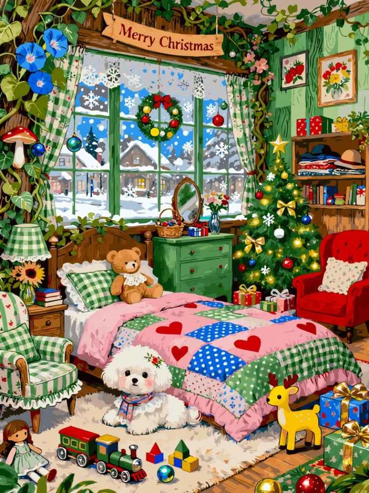 Cozy Christmas Bedroom Paint by Numbers Kit – Snowy Window Scene, 4 Sizes