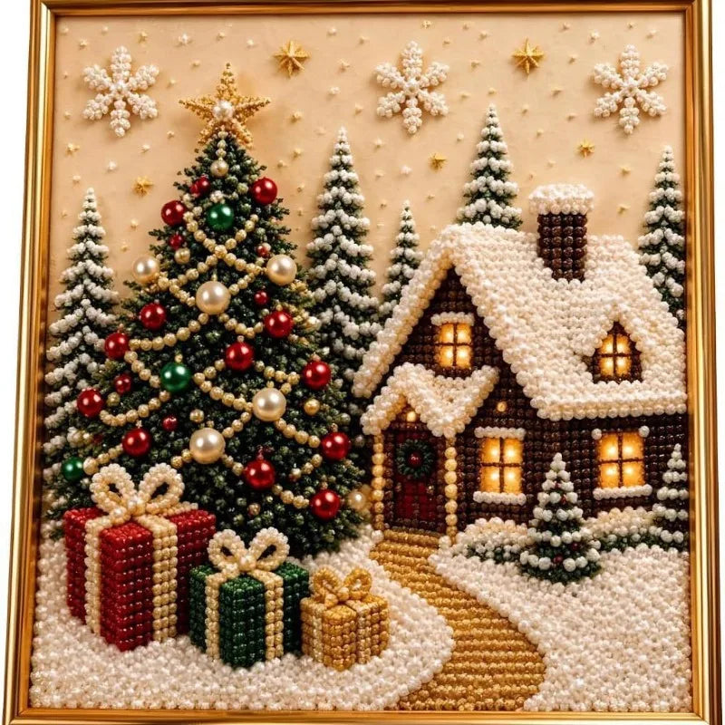 A framed Christmas diamond art piece depicting a snowy winter village scene with a decorated tree, gift boxes, a house with glowing windows, and snowflakes in the sky.