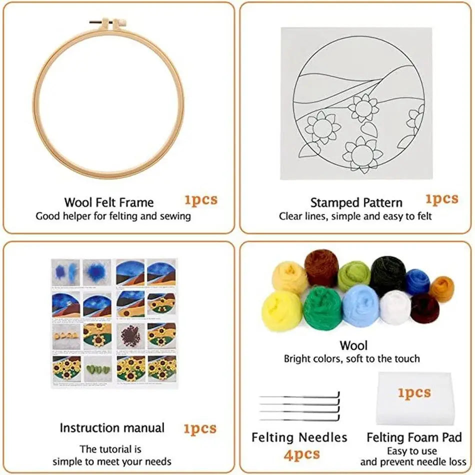 What's in the needle felting kit: hoop frame, stamped pattern, wool roving, felting needles, foam pad, instructions