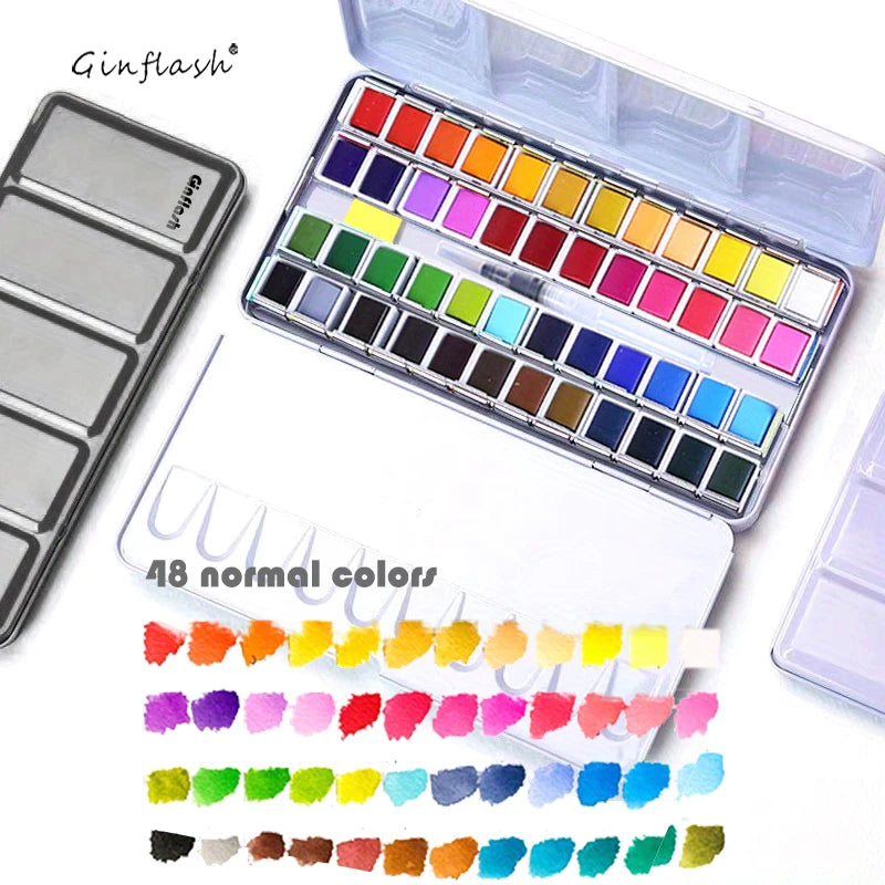 Ginflash 48 or 24  Watercolor Paint Set With Paint Brush