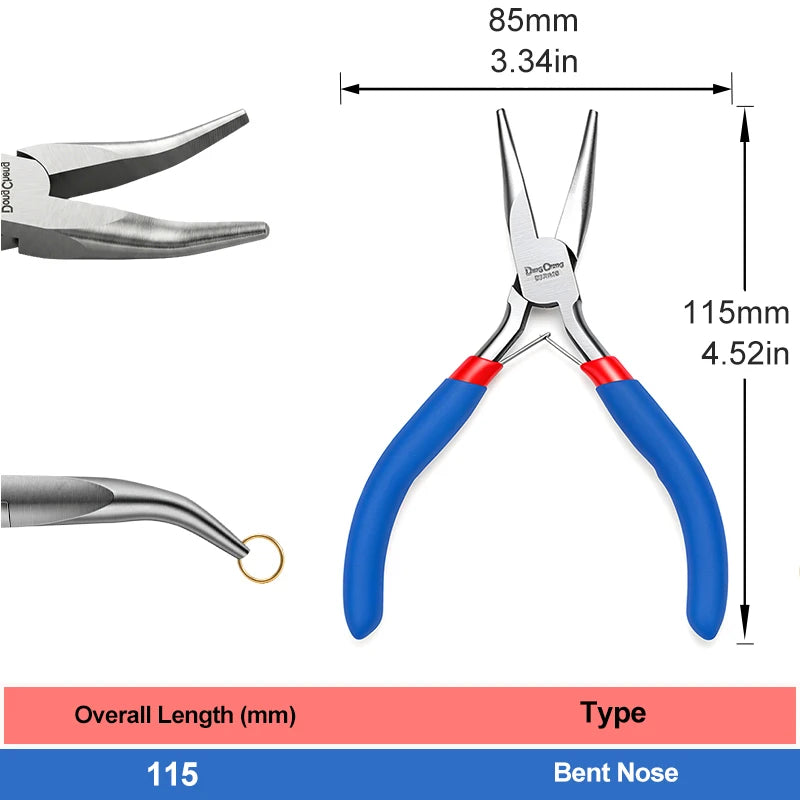 Bent nose pliers with blue handles and measurements 