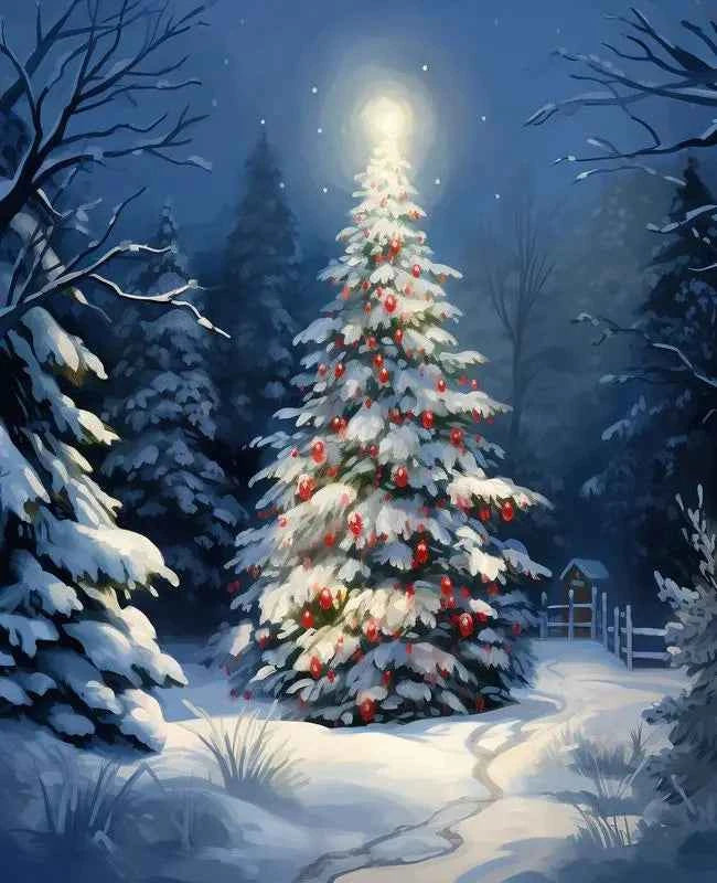 Snowy Christmas Tree Paint by Numbers Kit – Winter Landscape, 5 Designs, Framed or Unframed