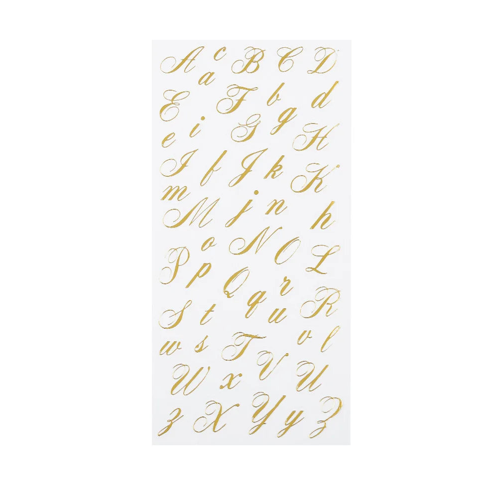 A sheet of gold alphabet decals featuring elegant gold cursive script letters from A to Z