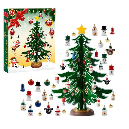 Wooden Christmas Tree Advent Calendar with LED Lights and 24 Hanging Ornaments
