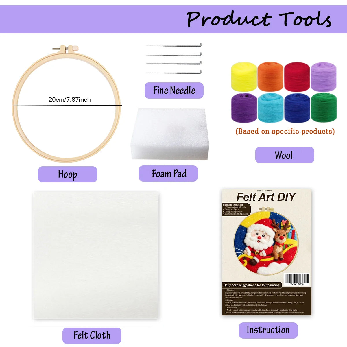 Needle felting kit showing tools included wooden hoop marked 20cm/7.87inch, fine felting needles, wool roving in multiple colors, a foam pad, felting cloth, and an instruction booklet.