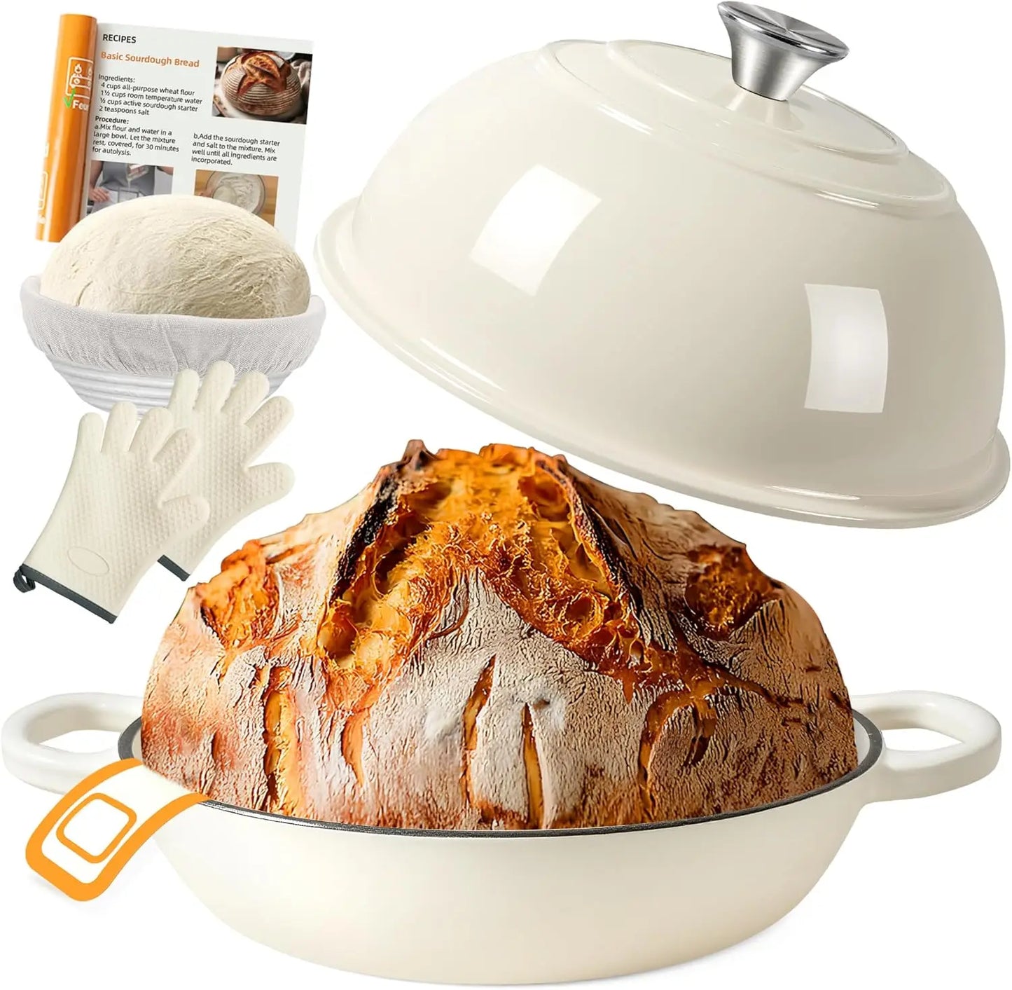 6QT Enameled Cast Iron Dutch Oven for Bread Baking with Lid, Proofing Basket, Silicone Sling & Gloves