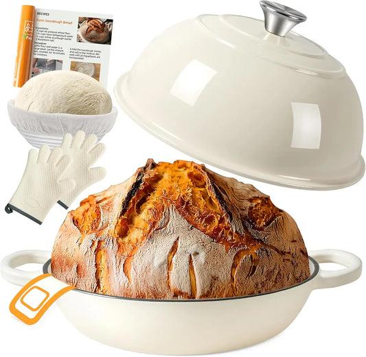 6QT Enameled Cast Iron Dutch Oven for Bread Baking with Lid, Proofing Basket, Silicone Sling & Gloves