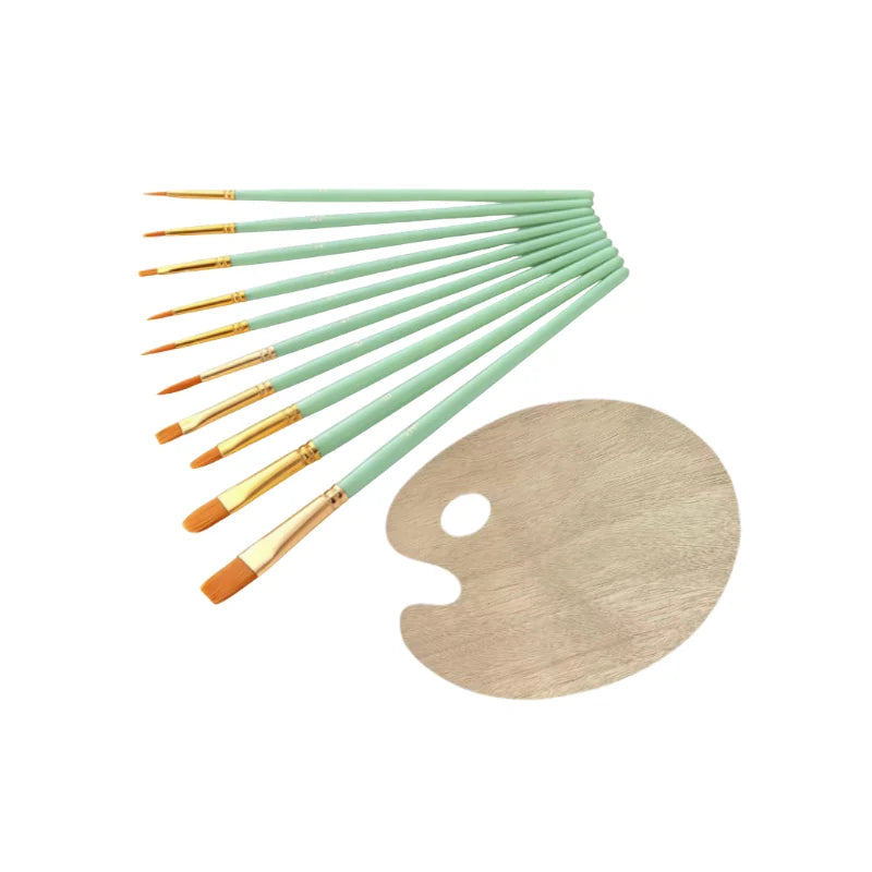 10Pcs Colorful Plastic Handle Paint Brushes & Wooden Palette Set, for Acrylic, Watercolor