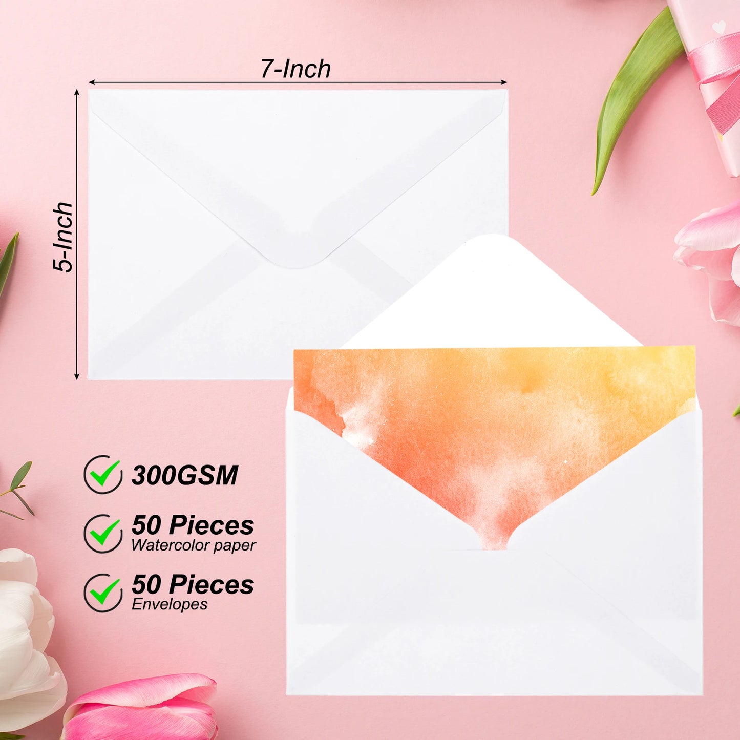 50 Set 300gsm Cotton Postcard Watercolor Paper Cards with Envelopes