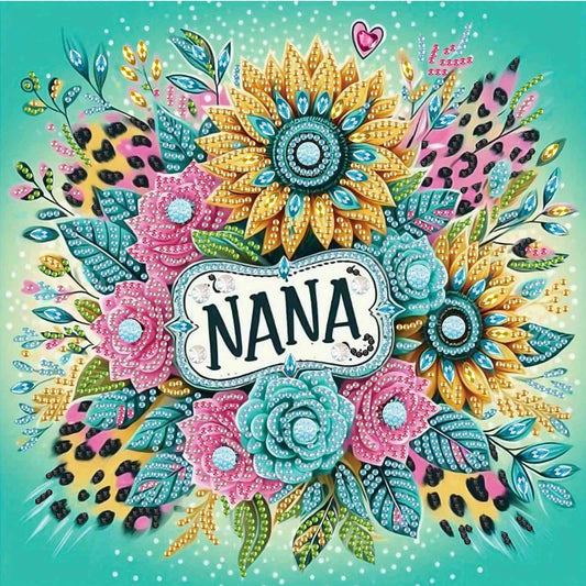 A colorful decorative diamond art with the word "NANA" centered on a white label, surrounded by stylized flowers, leaves, and leopard-print accents on a turquoise background.