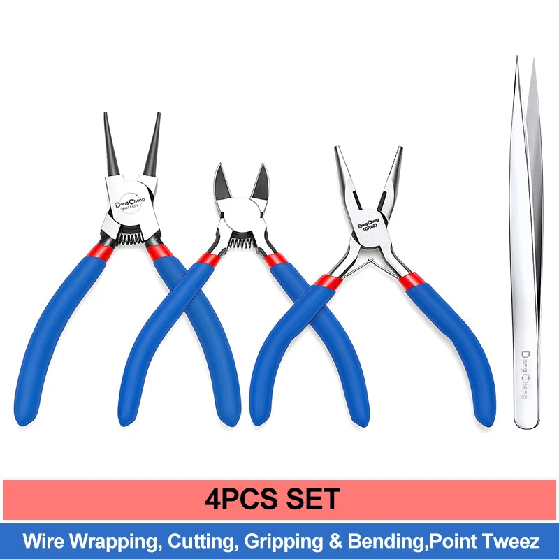 Set of 3 pliers wiring wrapping, cutting, gripping with blue handles and a straight nosed tweezers