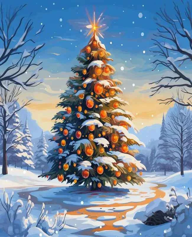 Snowy Christmas Tree Paint by Numbers Kit – Winter Landscape, 5 Designs, Framed or Unframed