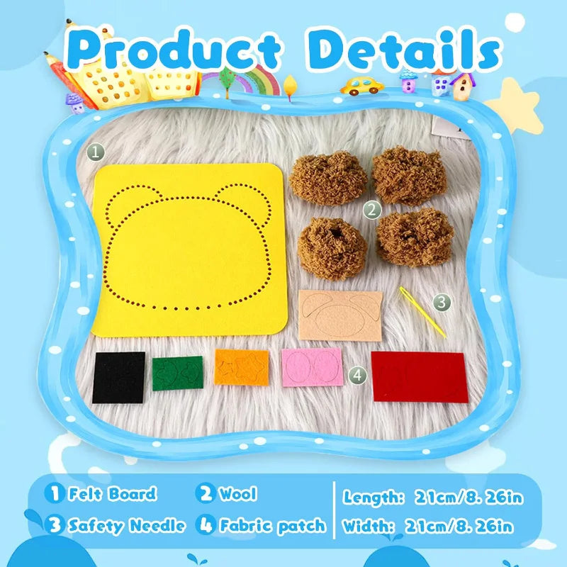 Product details showing felt board, wool, plastic needle, fabric patch size 21cm x 21cm