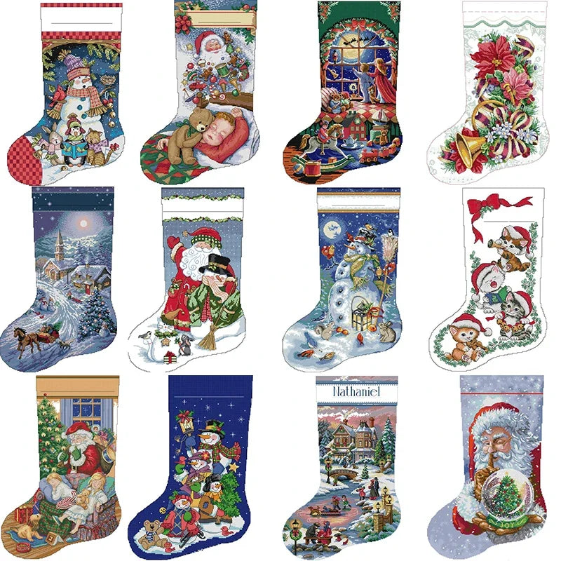 Collection of Christmas stockings with various festive designs.