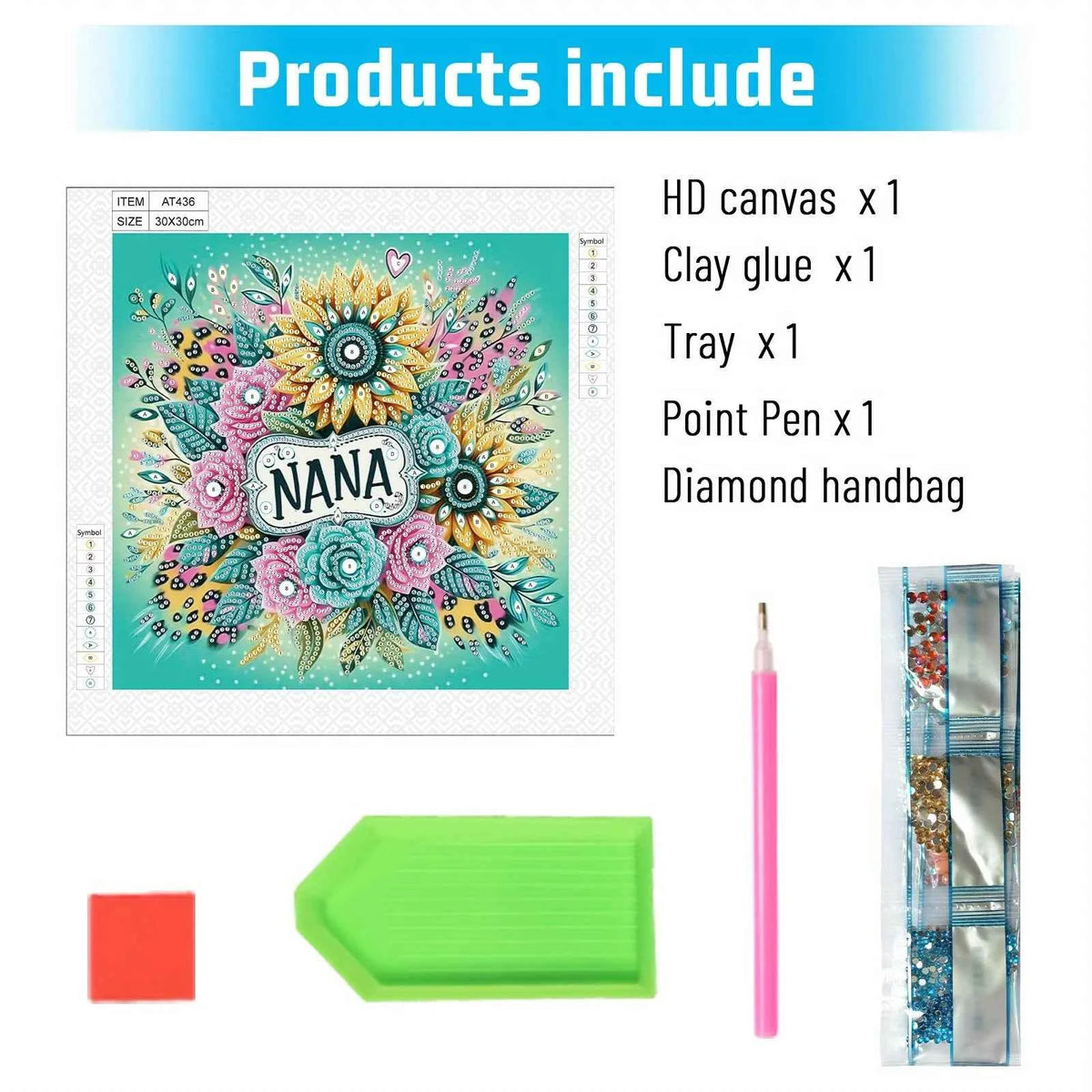 Floral Diamond Art Display Kit, Gift for Nana, 30 x 30 cm