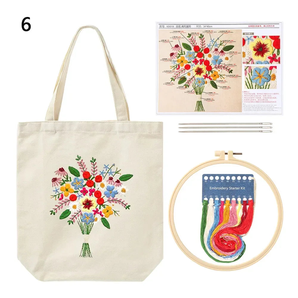 Canvas Tote Bag Embroidery Kit with Flower Pattern and Instructions