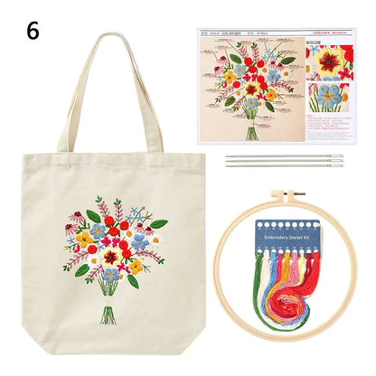 Canvas Tote Bag Embroidery Kit with Flower Pattern and Instructions