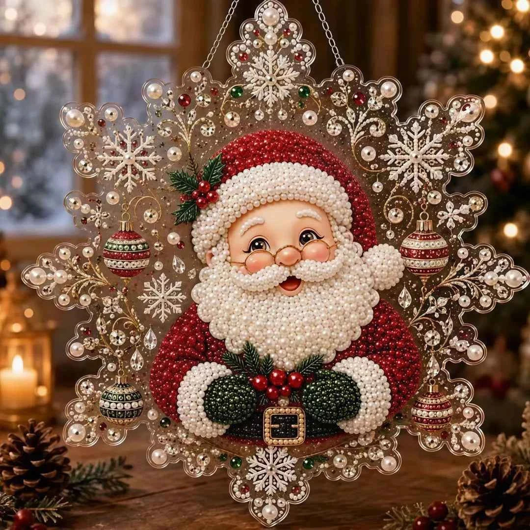 Christmas Pearl Diamond Painting Suncatcher Kit – 20cm Snowflake with Metal Chain, 4 Designs