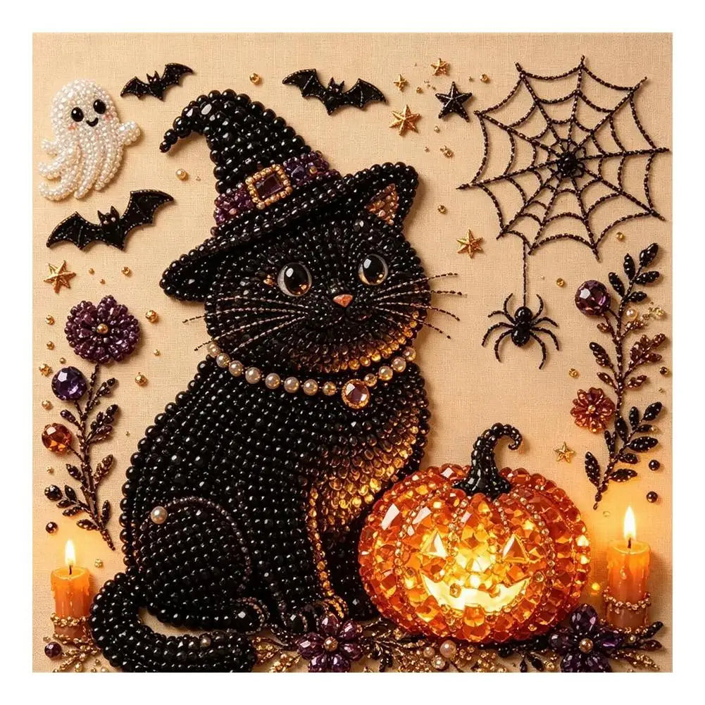 A square decorative artwork featuring a beaded black cat wearing a witch hat, with a glowing beaded pumpkin, spiderweb, bats, flowers, candles, and a small ghost on a tan background.