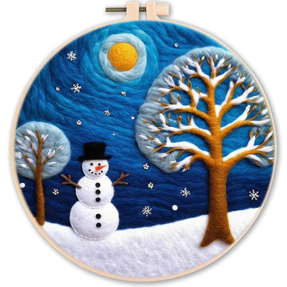 Needle felted full moon, starry night, a snowman, and two trees