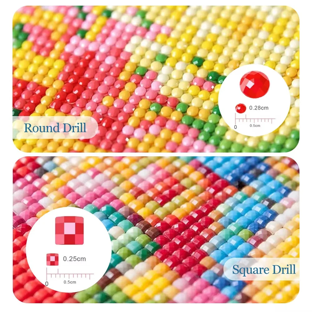 Two images showing colorful diamond beads with round and square drill patterns.