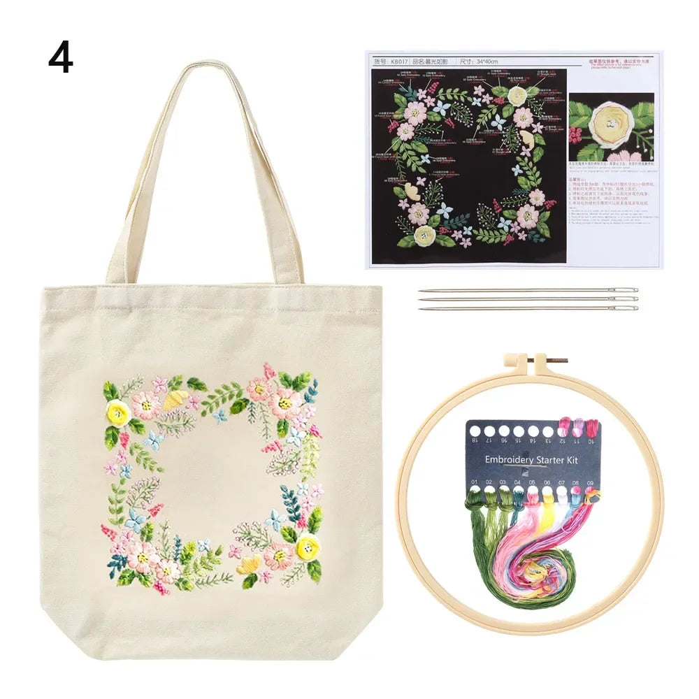 Canvas Tote Bag Embroidery Kit with Flower Pattern and Instructions