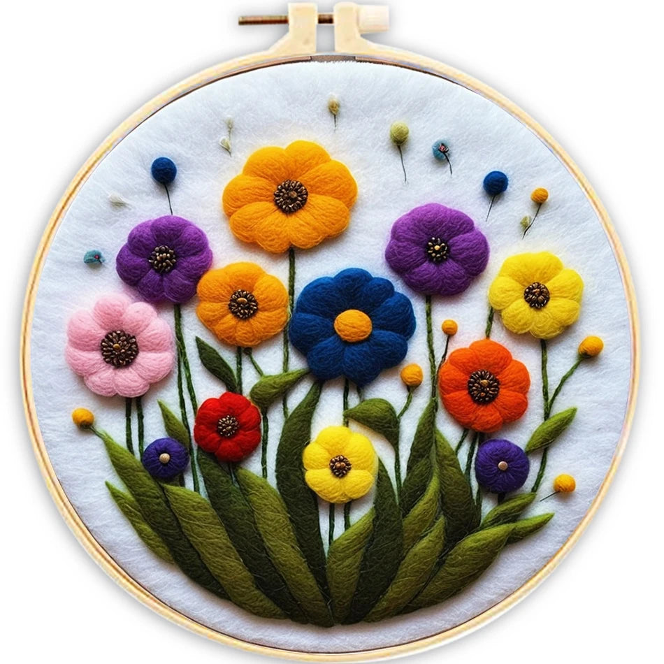 Embroidery hoop with colorful flowers on a white background